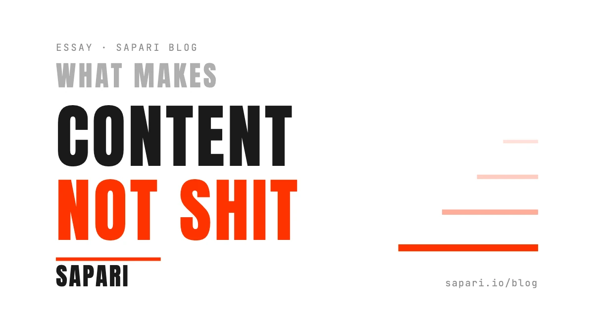 Brutalist title card for an essay on what makes content good. Four overlapping categories: catches, performs, stays, genuine