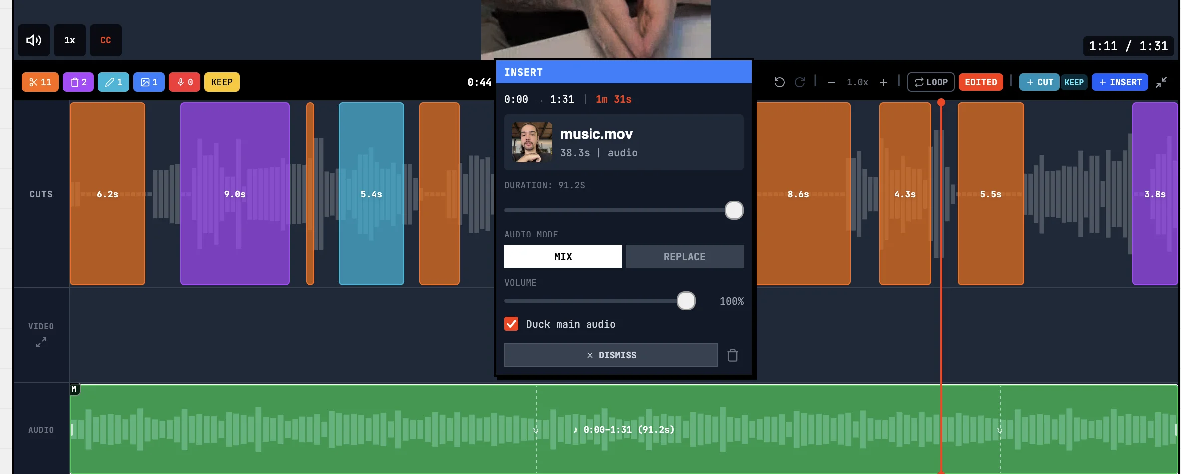 Audio waveform with LUFS reading and ducking visualization