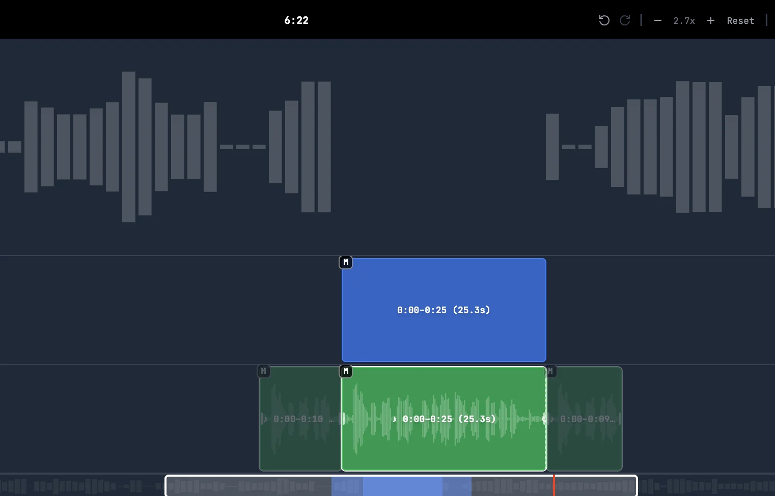 Timeline showing an audio asset anchored to an insert region — the dimmed overflow section is visible past the insert boundary