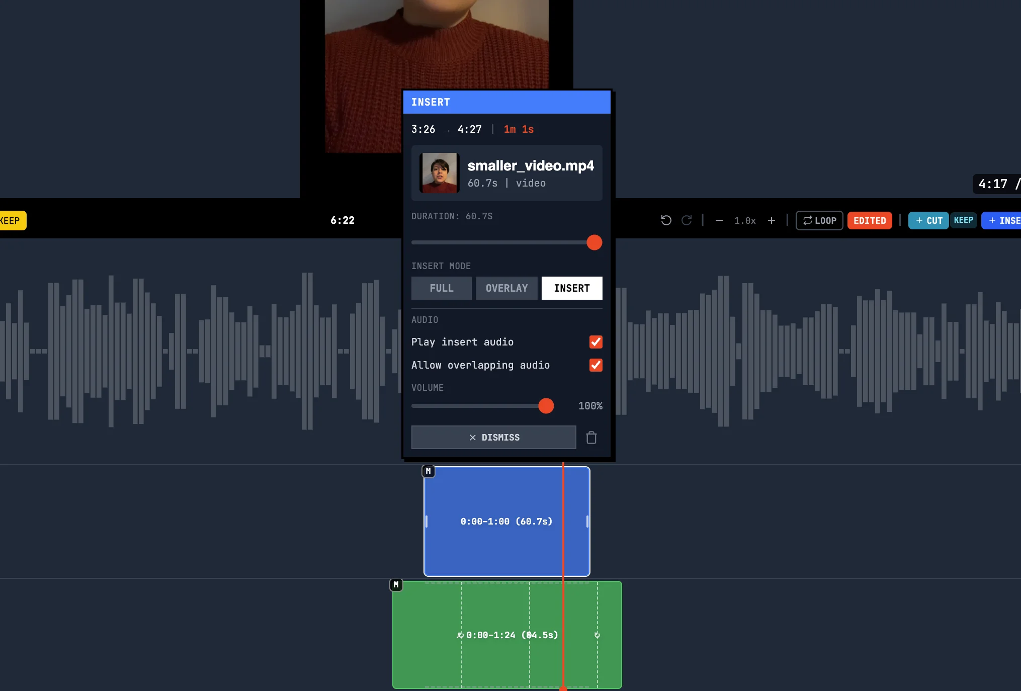 Popover for an INSERT-mode asset showing two switches — one for the insert's own audio and one for overlapping audio in the same range — with the timeline visible behind it