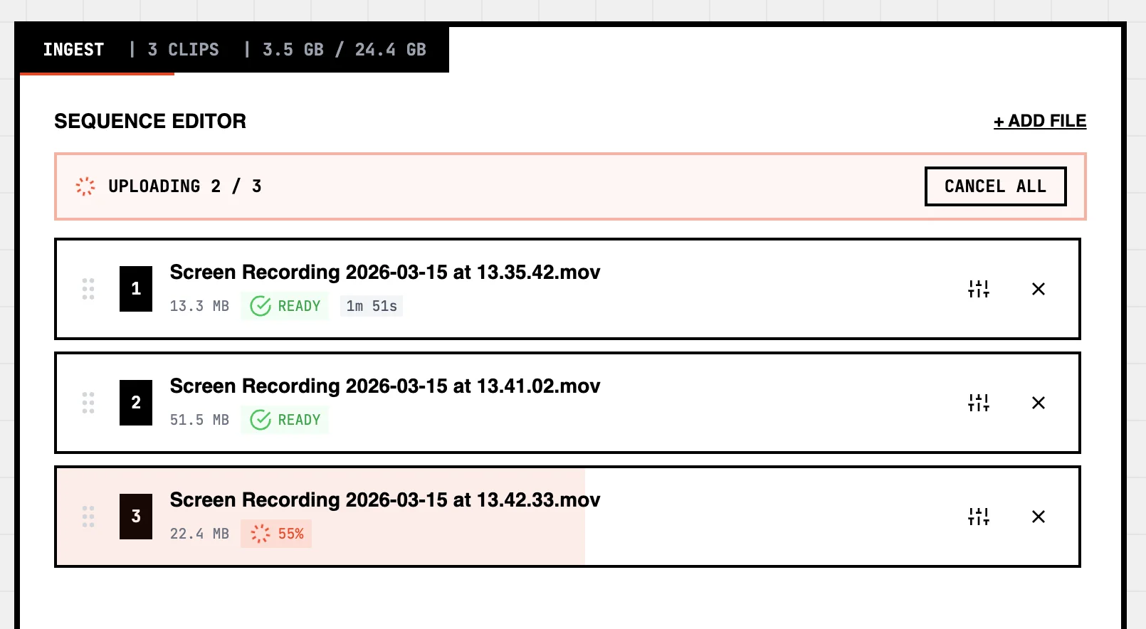 Sequence editor with three files queued — two READY, one uploading at 55%, with an UPLOADING 2 / 3 status strip and CANCEL ALL button