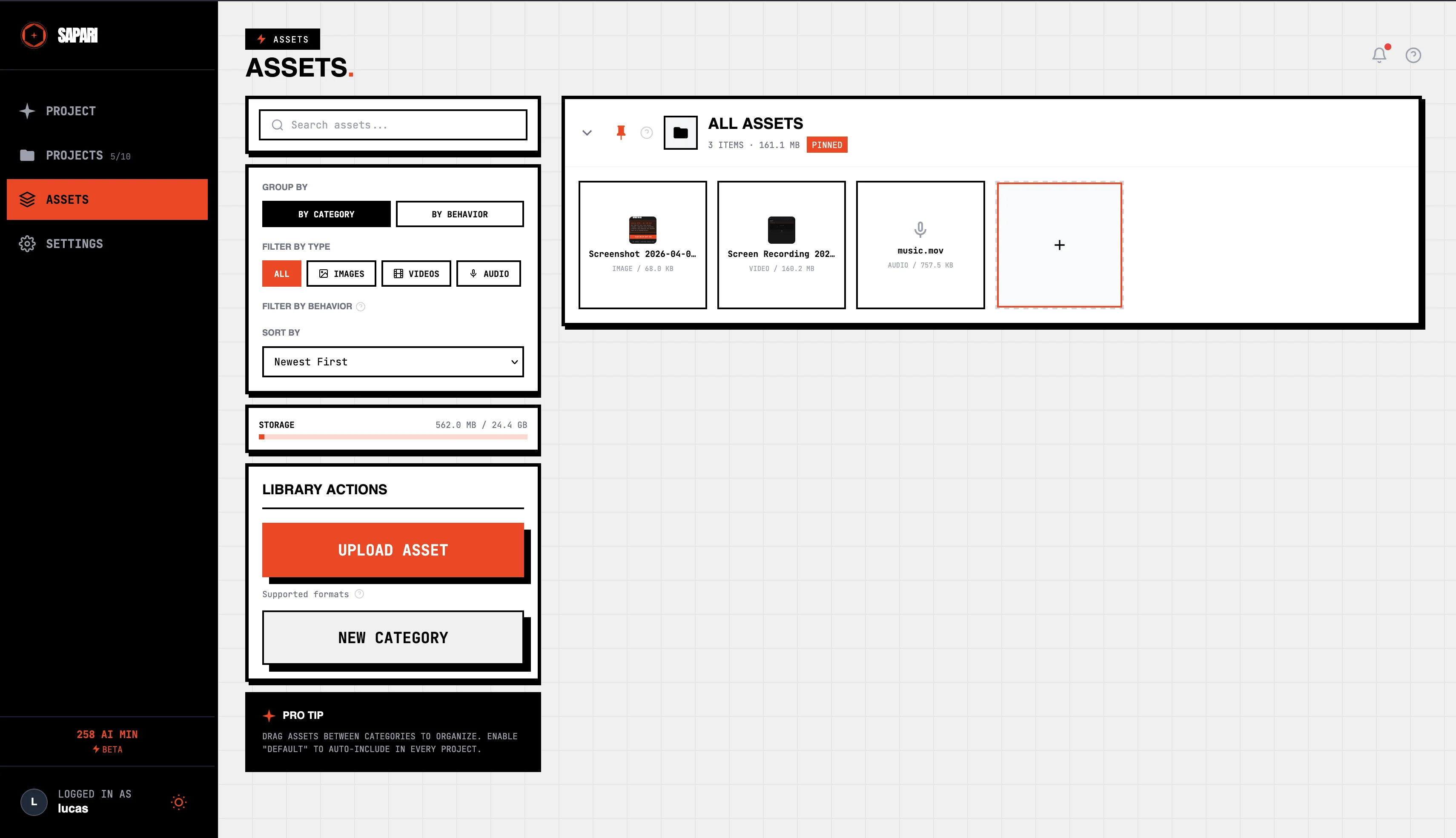 Asset library grid showing thumbnails for videos, images, and audio files