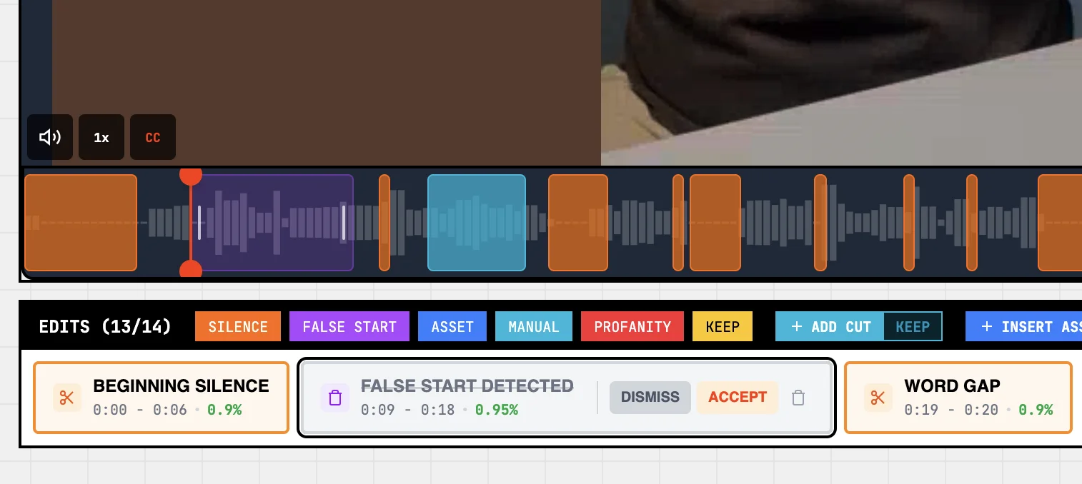 Timeline showing a false-start card: original take faded, kept take solid